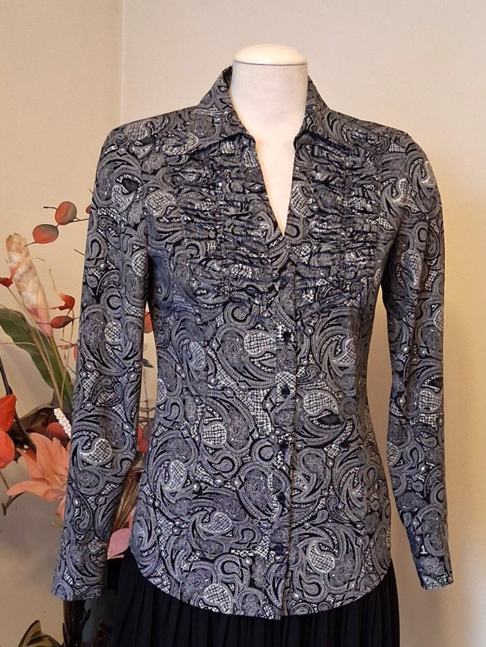 NEW Women’s Pleated Gray Black Printed Shirt Long Sleeve Blouse Top 8